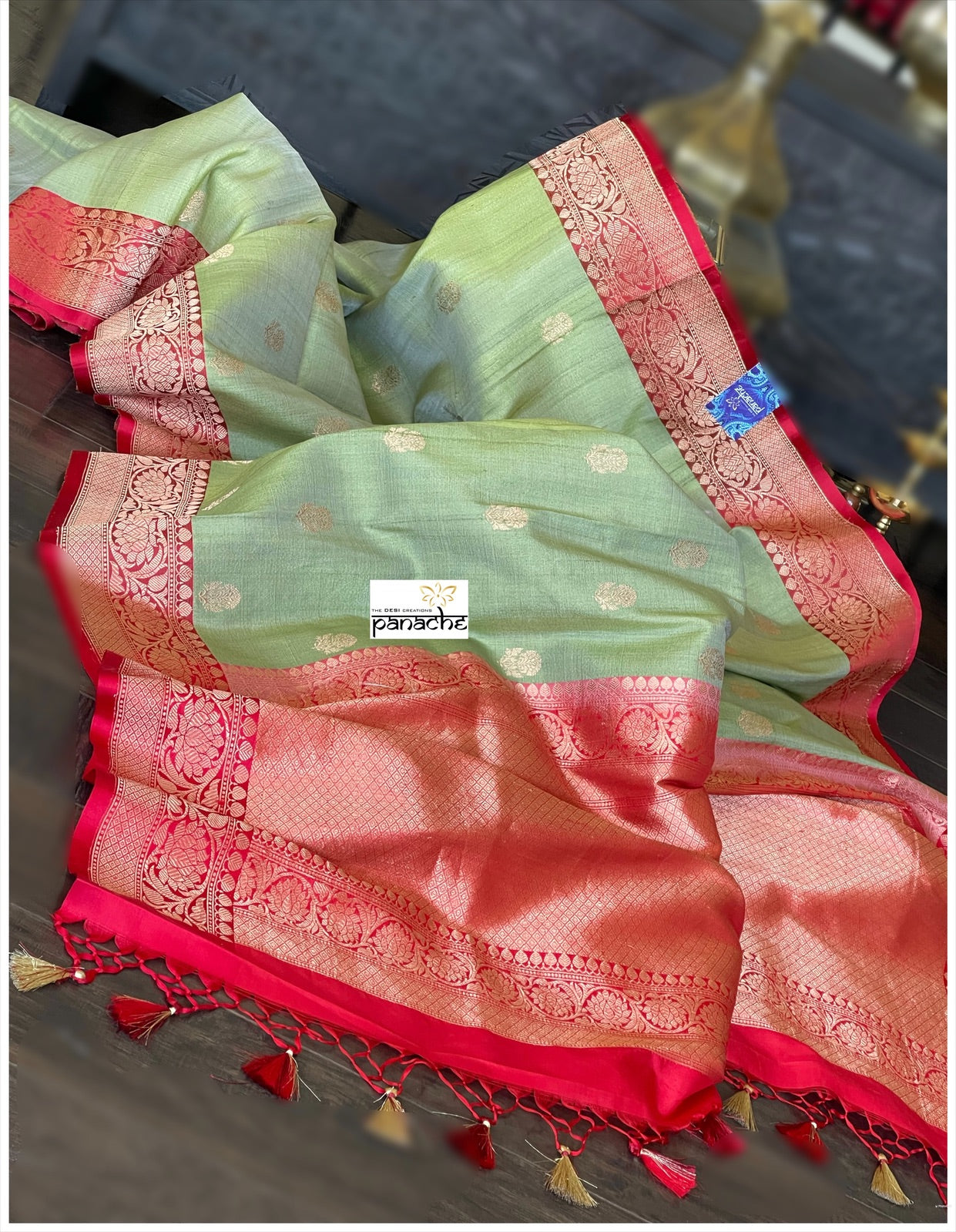 Tussar Silk Banarasi - Green Red