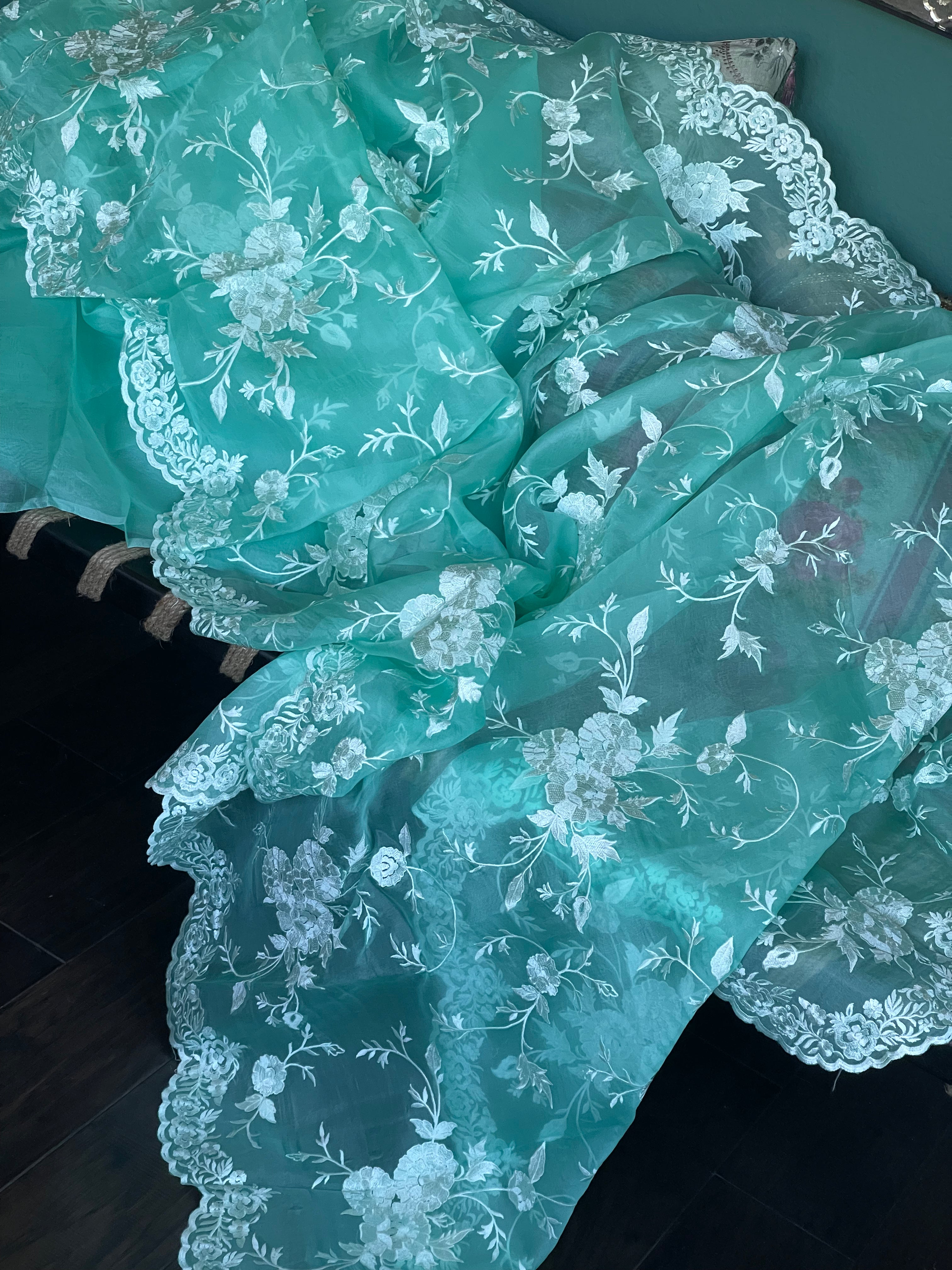Designer Organza - Sea-Green Embroidered