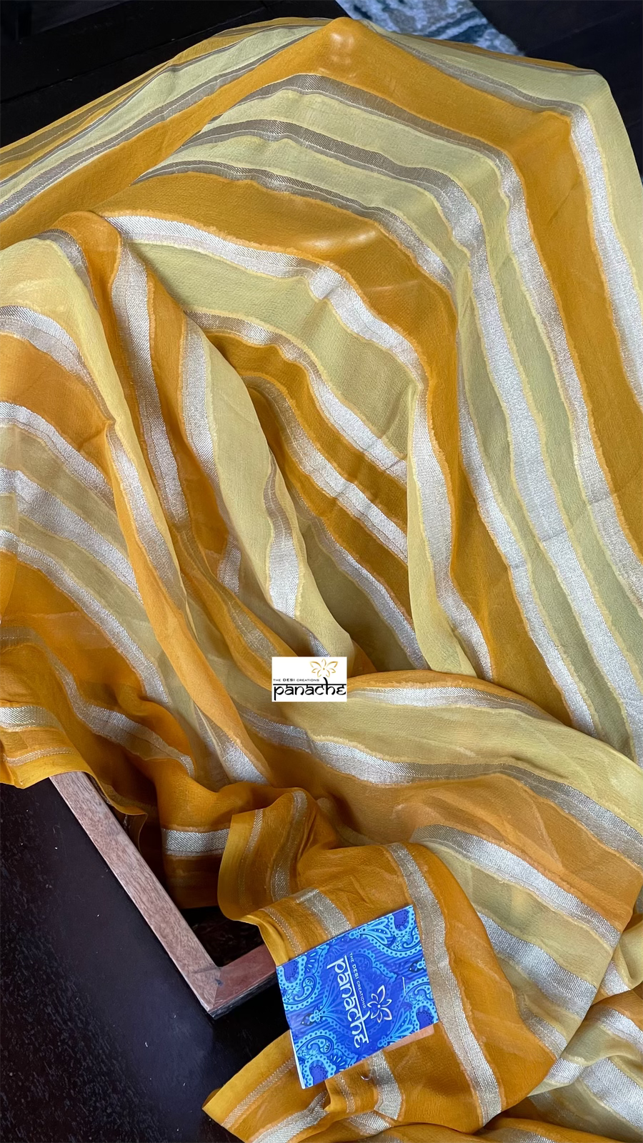 Khaddi Georgette Banarasi - Off-White Ochre Yellow Striped