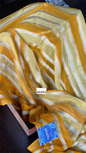 Khaddi Georgette Banarasi - Off-White Ochre Yellow Striped