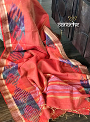 Silk Linen - Tomato Red Ikat Border