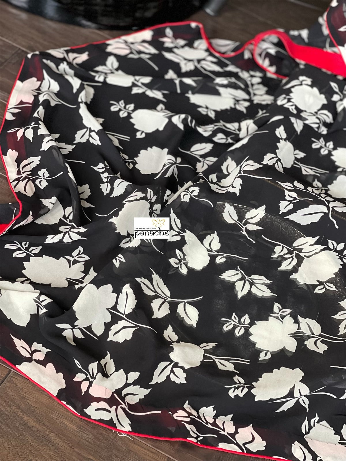 Designer Georgette Silk - Black Floral Red