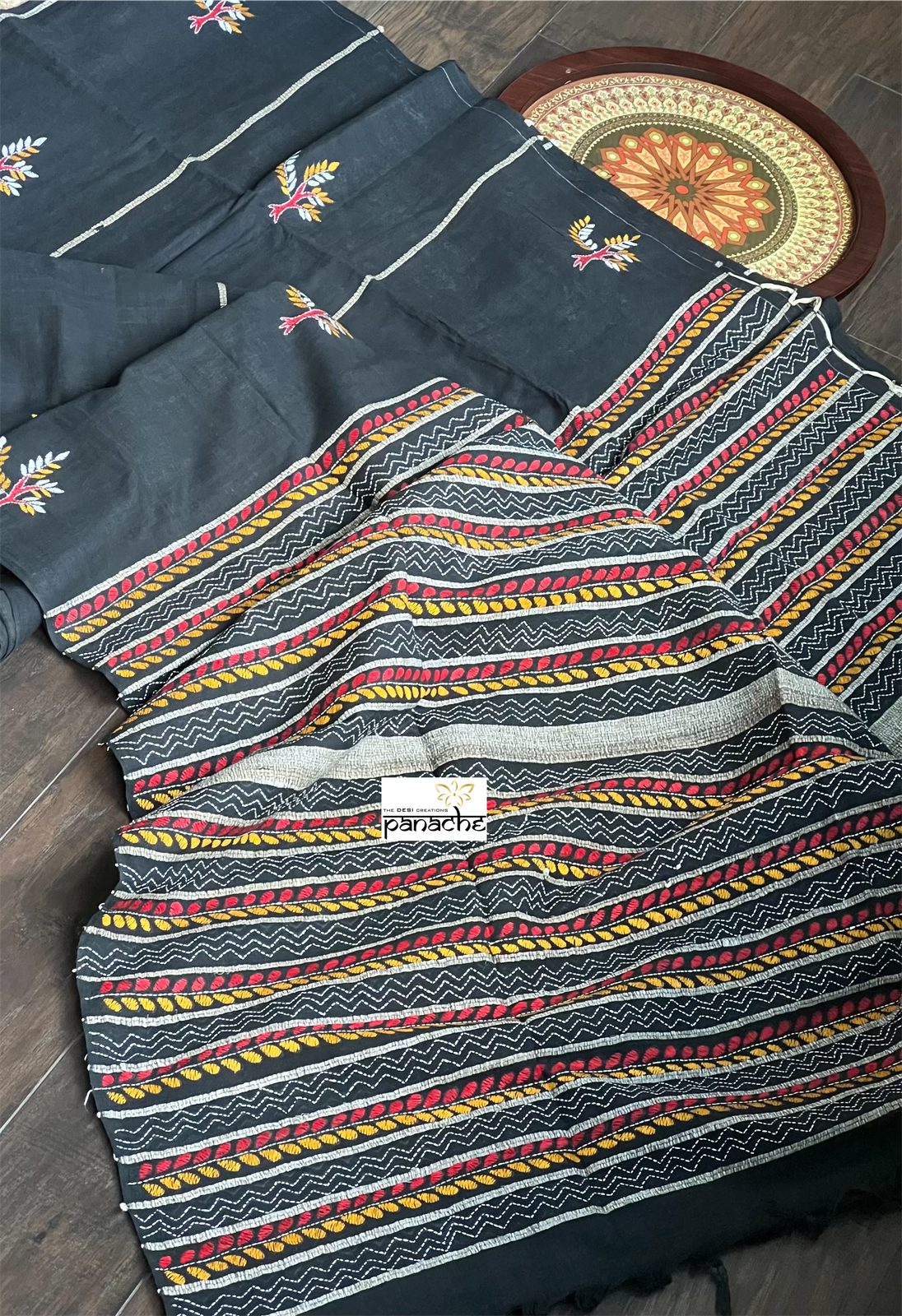 Pure Cotton Khes Kantha Stitch -  Black Multi Color