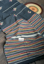 Pure Cotton Khes Kantha Stitch -  Black Multi Color