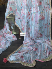 Designer Georgette Striped - Pink Floral