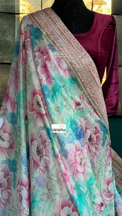Designer Chiffon  - Pink Sea Green Multi color
