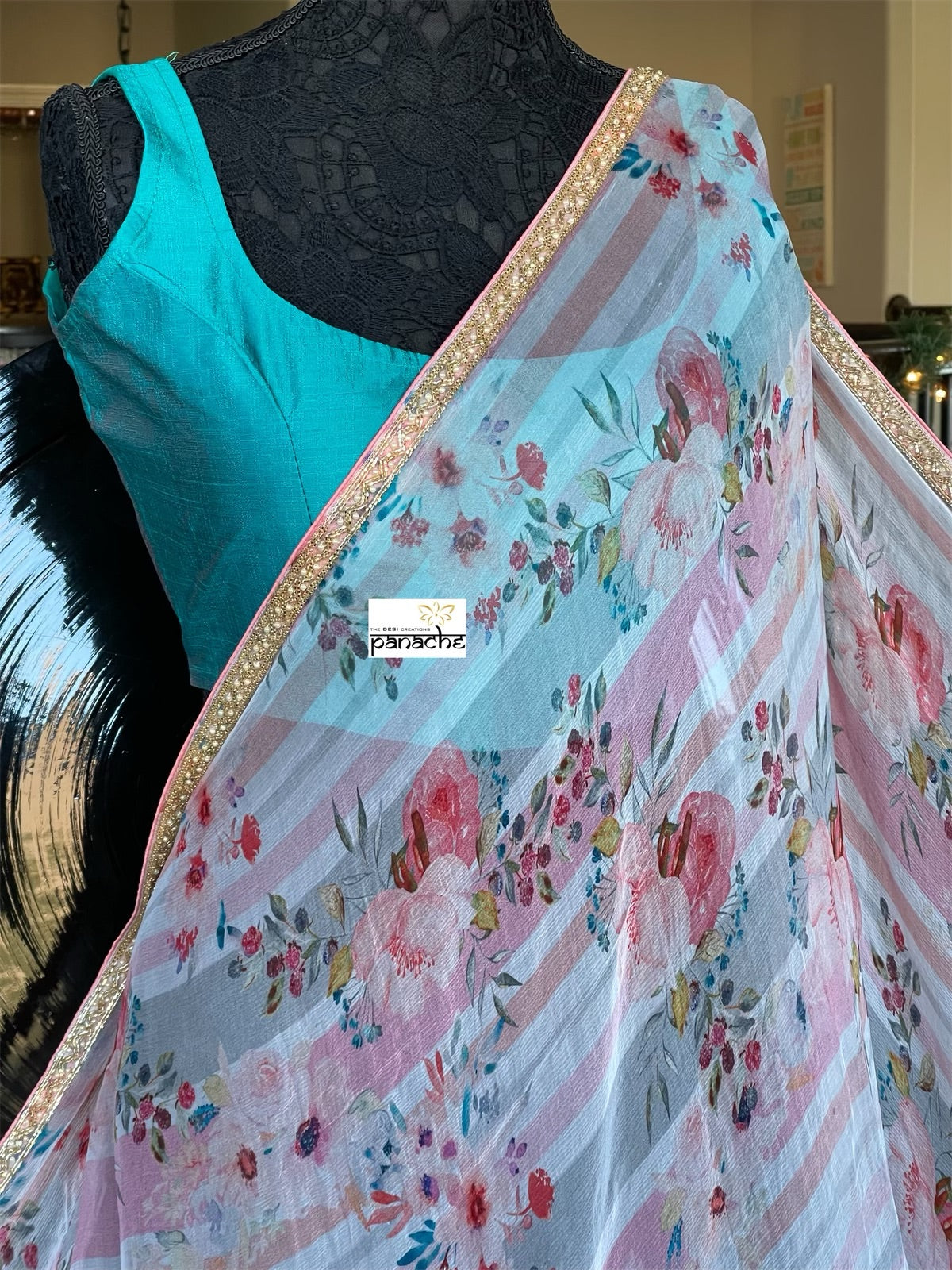 Designer Georgette Striped - Pink Floral