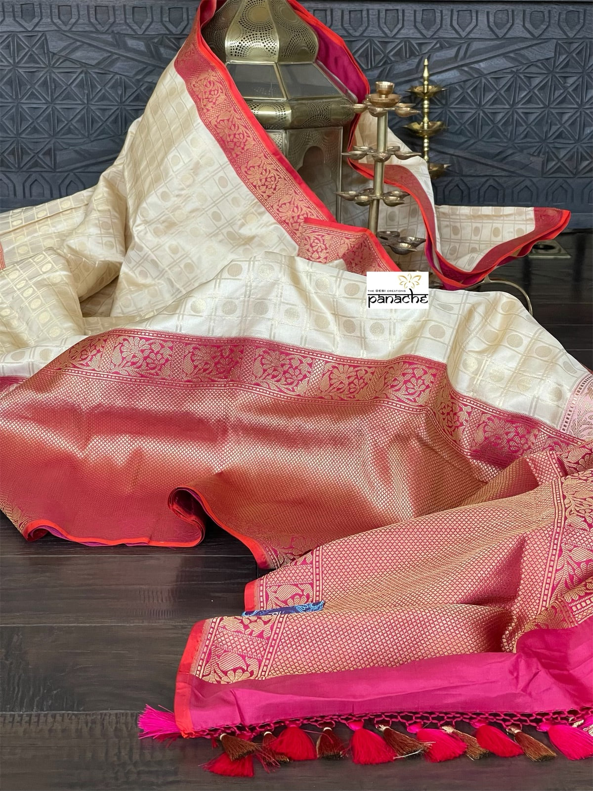 Pure Katan Silk Checkered Banarasi - Golden Beige Magenta Red Kadwa woven