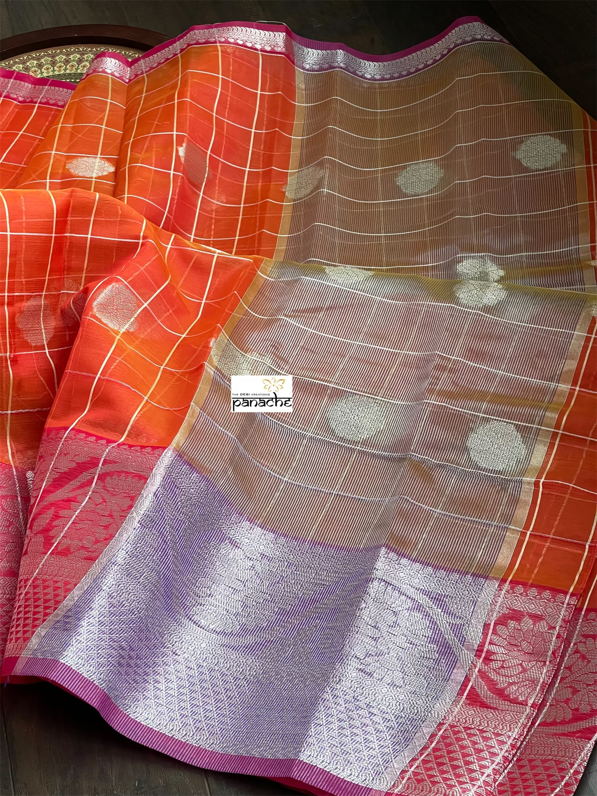 South Cotton Silk - Orange Zari Checkered