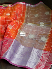 South Cotton Silk - Orange Zari Checkered