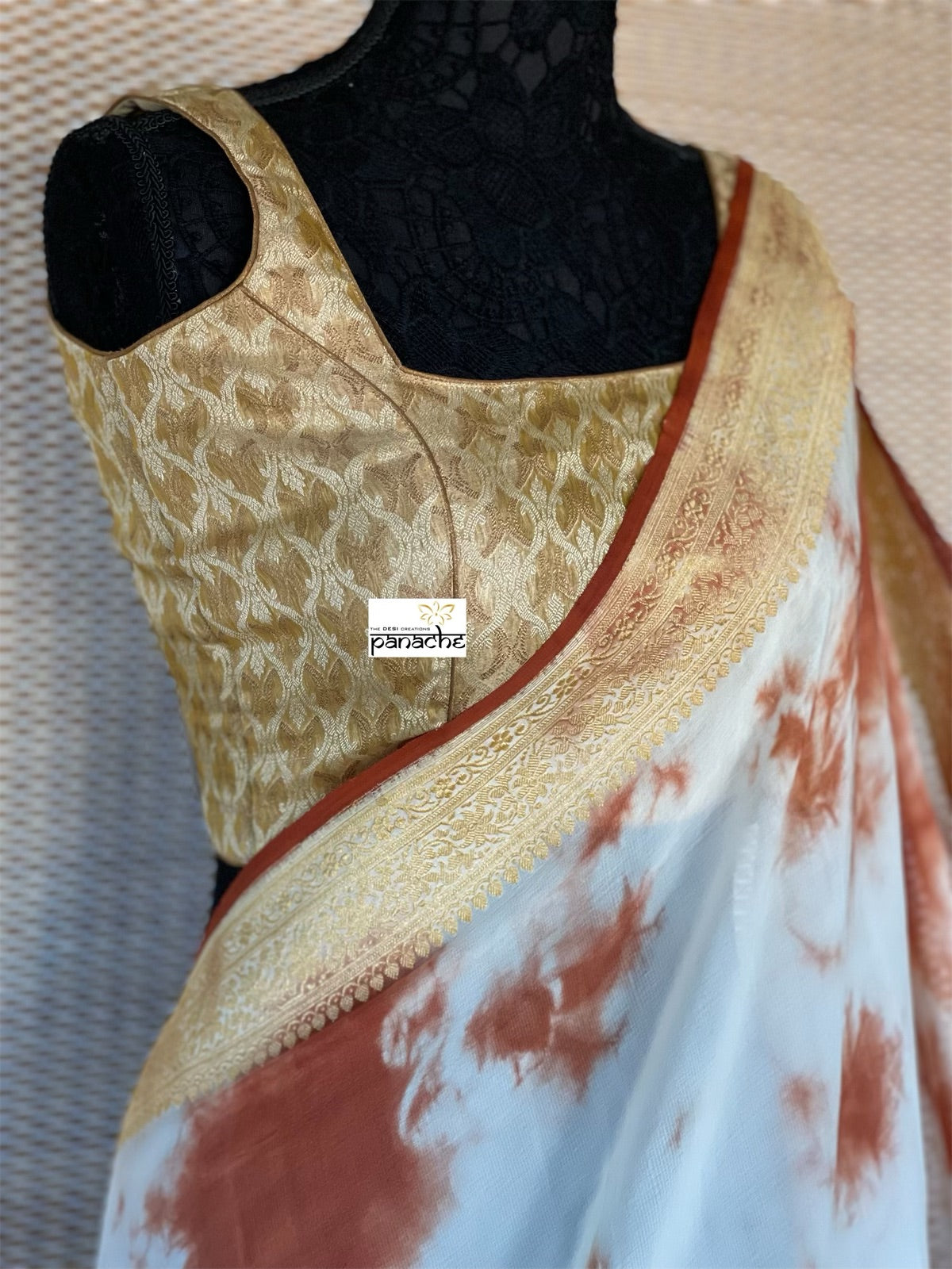 Khaddi Georgette Banarasi - Off-White Rust Brwon Tie-dye Khadhua Woven