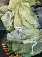 Organza Silk Banarasi - Light Lemon Yellow Green Kadwa woven