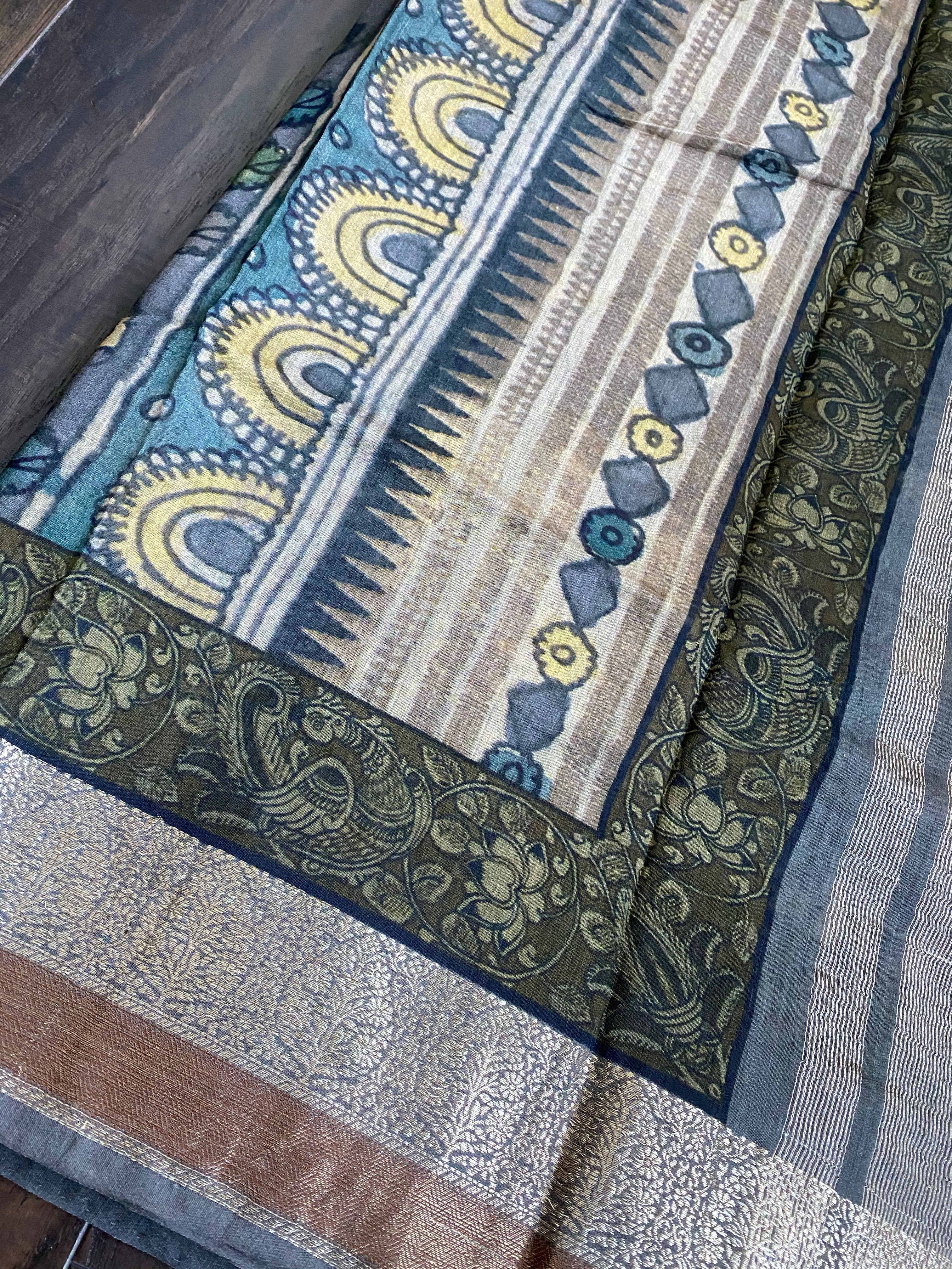 Muga Silk Kalamkari Banarasi- Grey