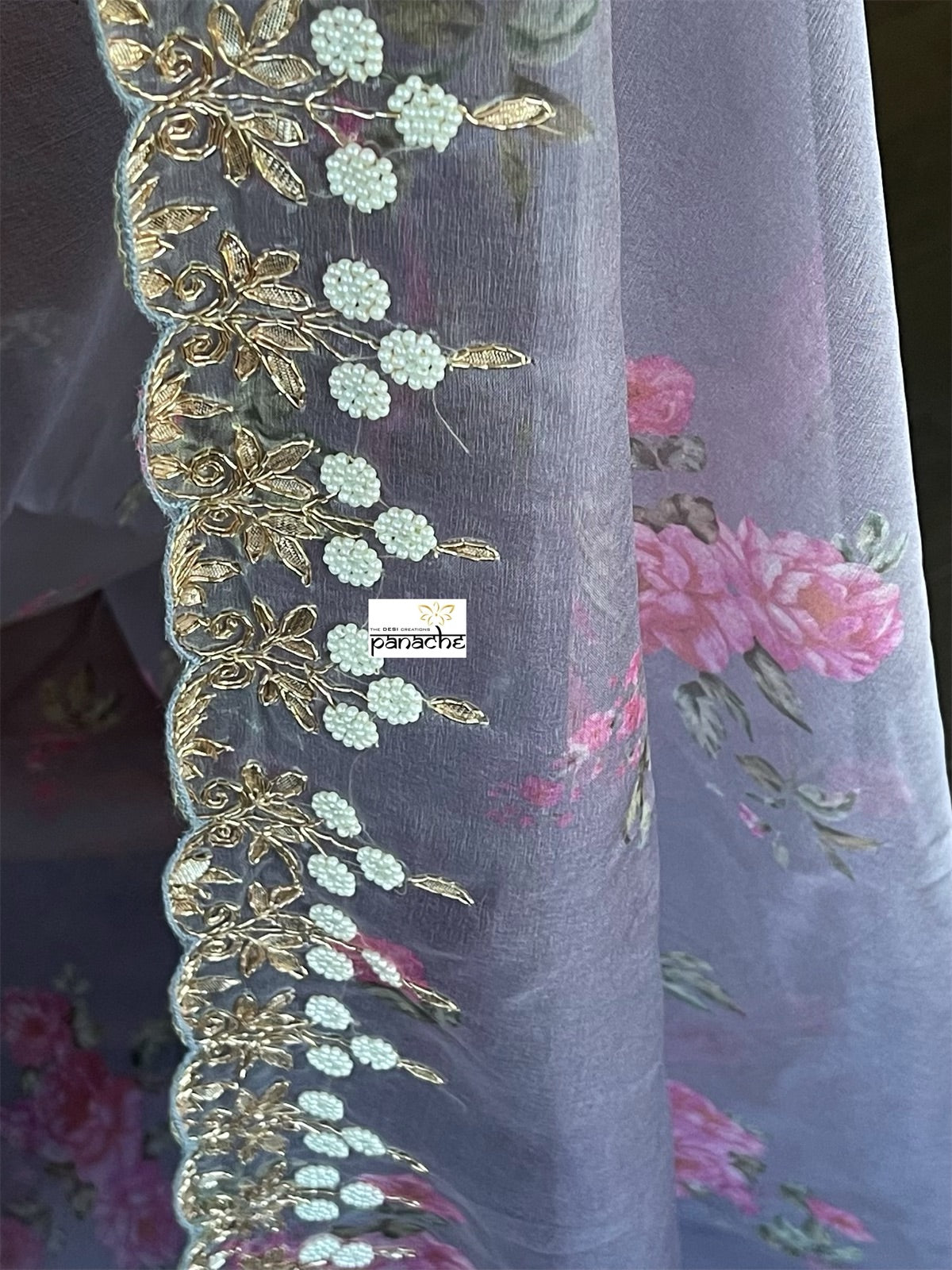 Designer Organza Floral - Bluish Grey Handwork Border