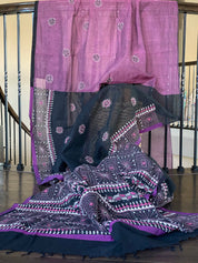 Cotton Kantha Stitch -  Mauve Purple Black Half Half