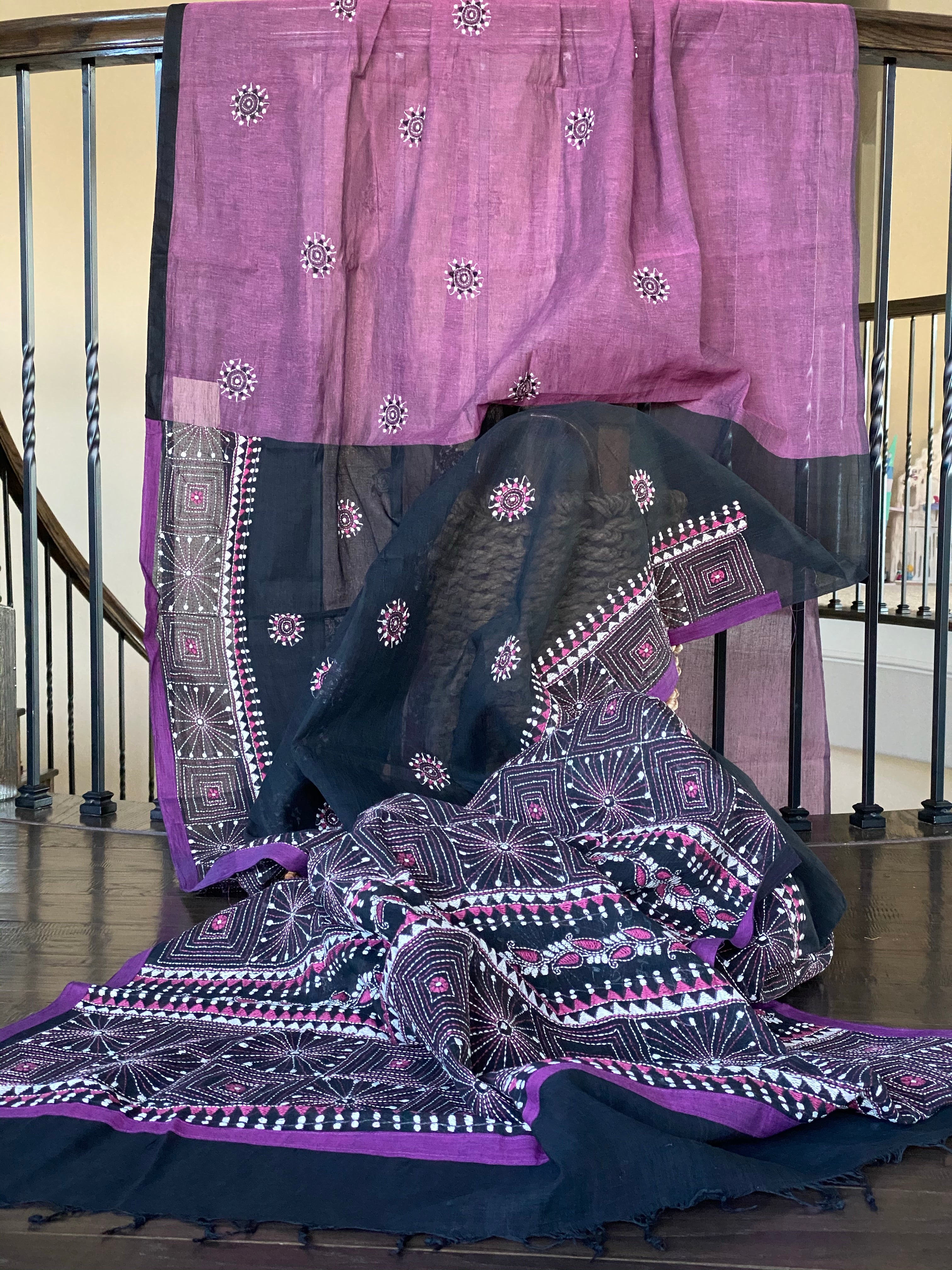 Cotton Kantha Stitch -  Mauve Purple Black Half Half