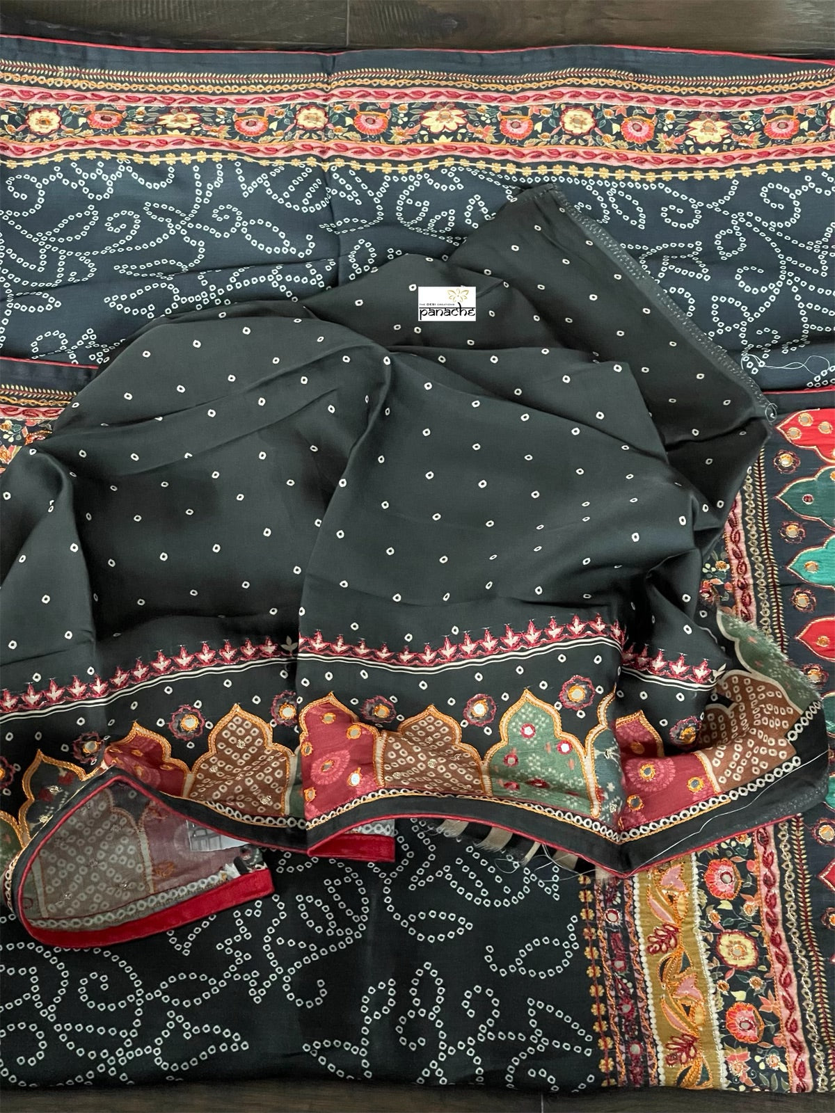 Satin Maslin Designer Inspired Drape - Black Bandhej Printed