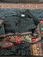 Satin Maslin Designer Inspired Drape - Black Bandhej Printed