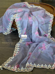 Designer Organza Floral - Bluish Grey Handwork Border