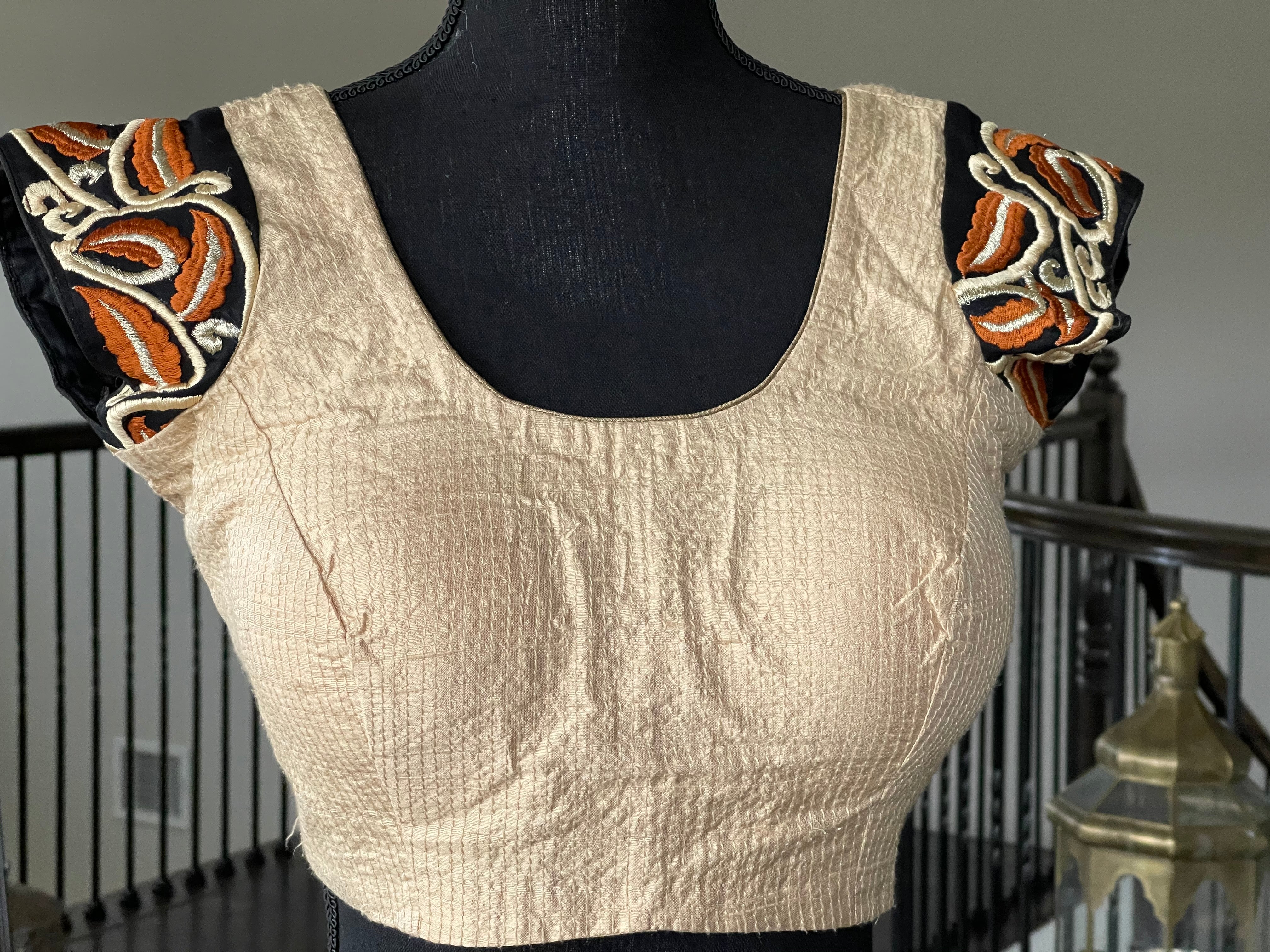 Designer Blouse - Beige Black Embroidered