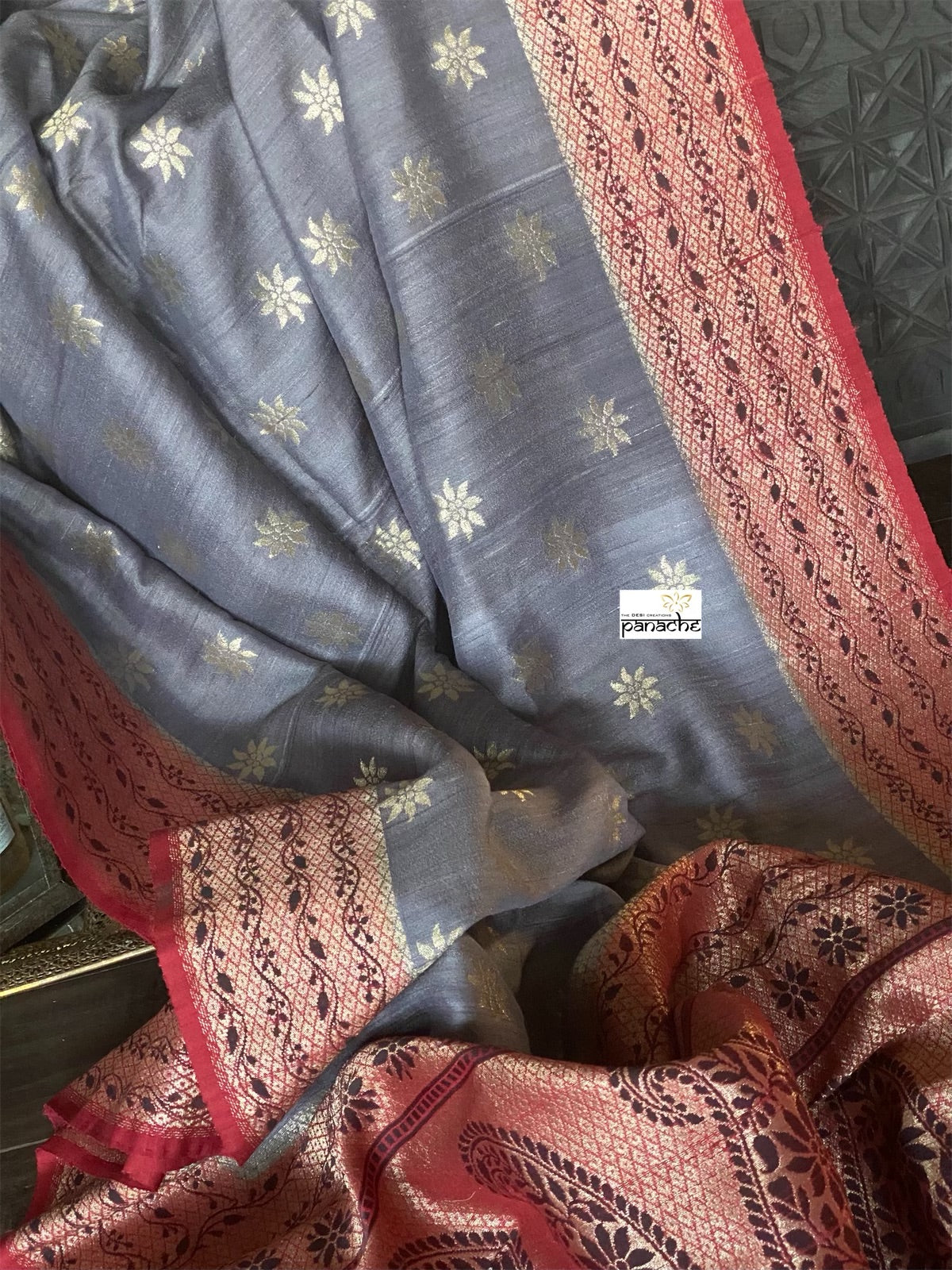 Tussar Georgette Banarasi- Grey Maroon Black