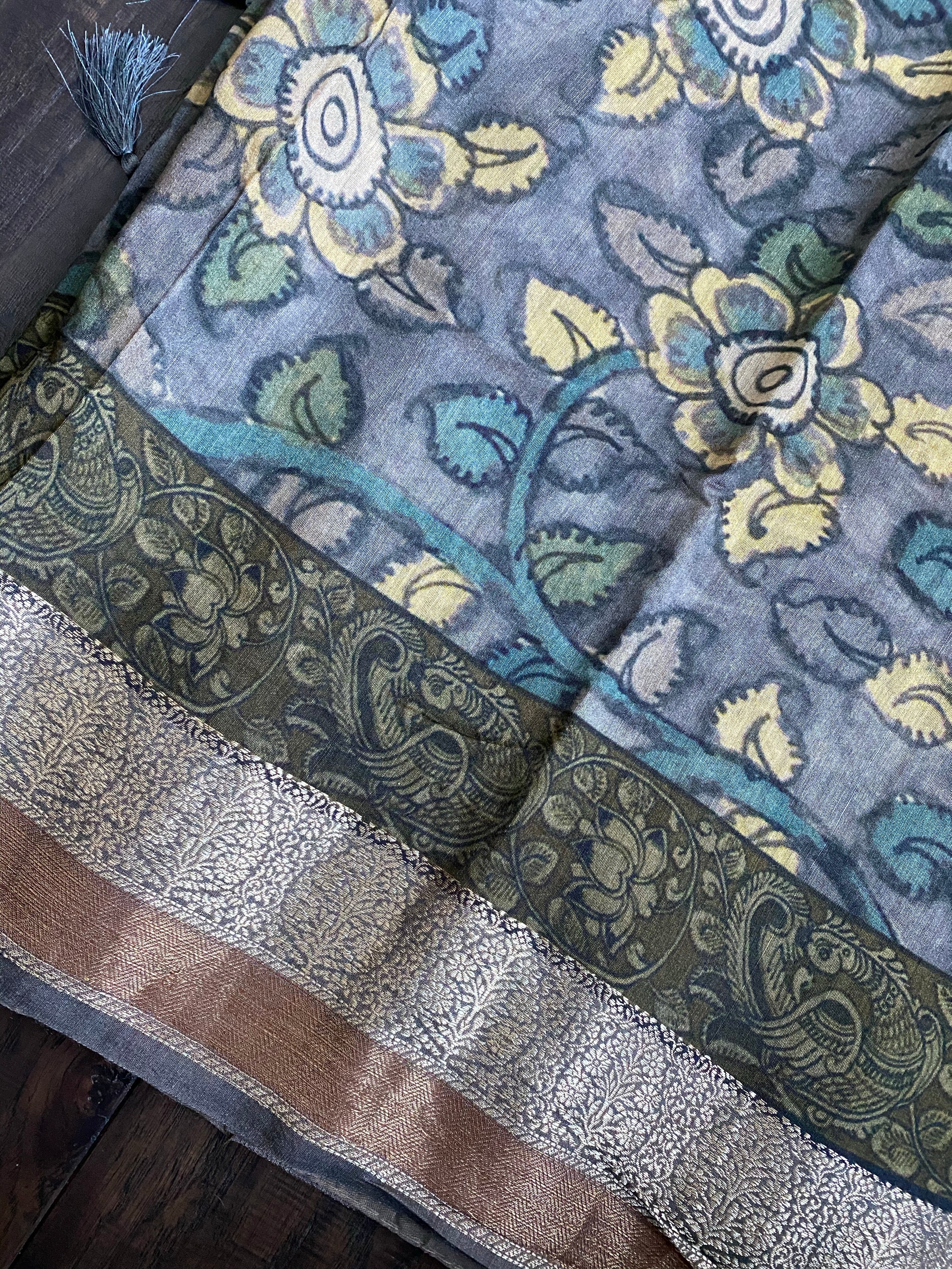 Muga Silk Kalamkari Banarasi- Grey