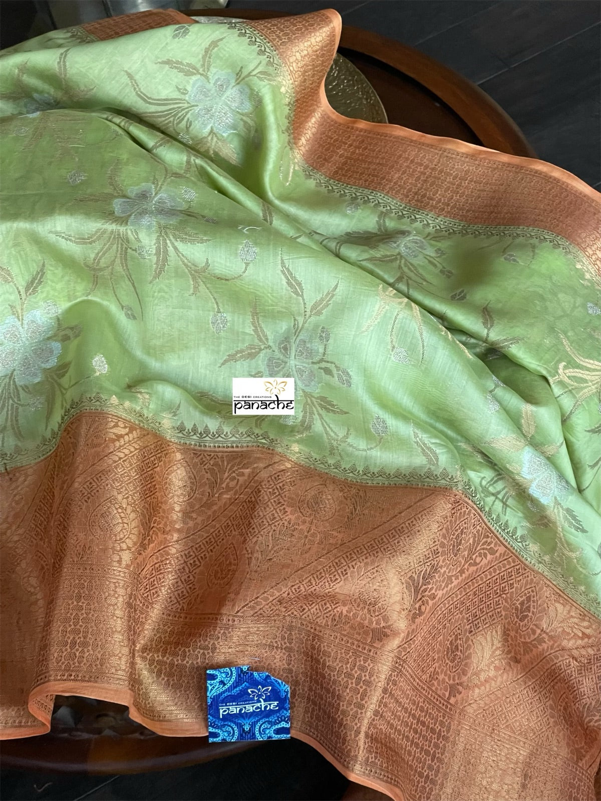 Mulmul Tissue Cotton Banarasi - Pista Green Orange Golden Zari