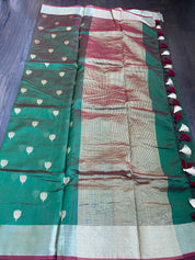 Pure Chanderi Silk - Green Dual Shaded Golden Zari