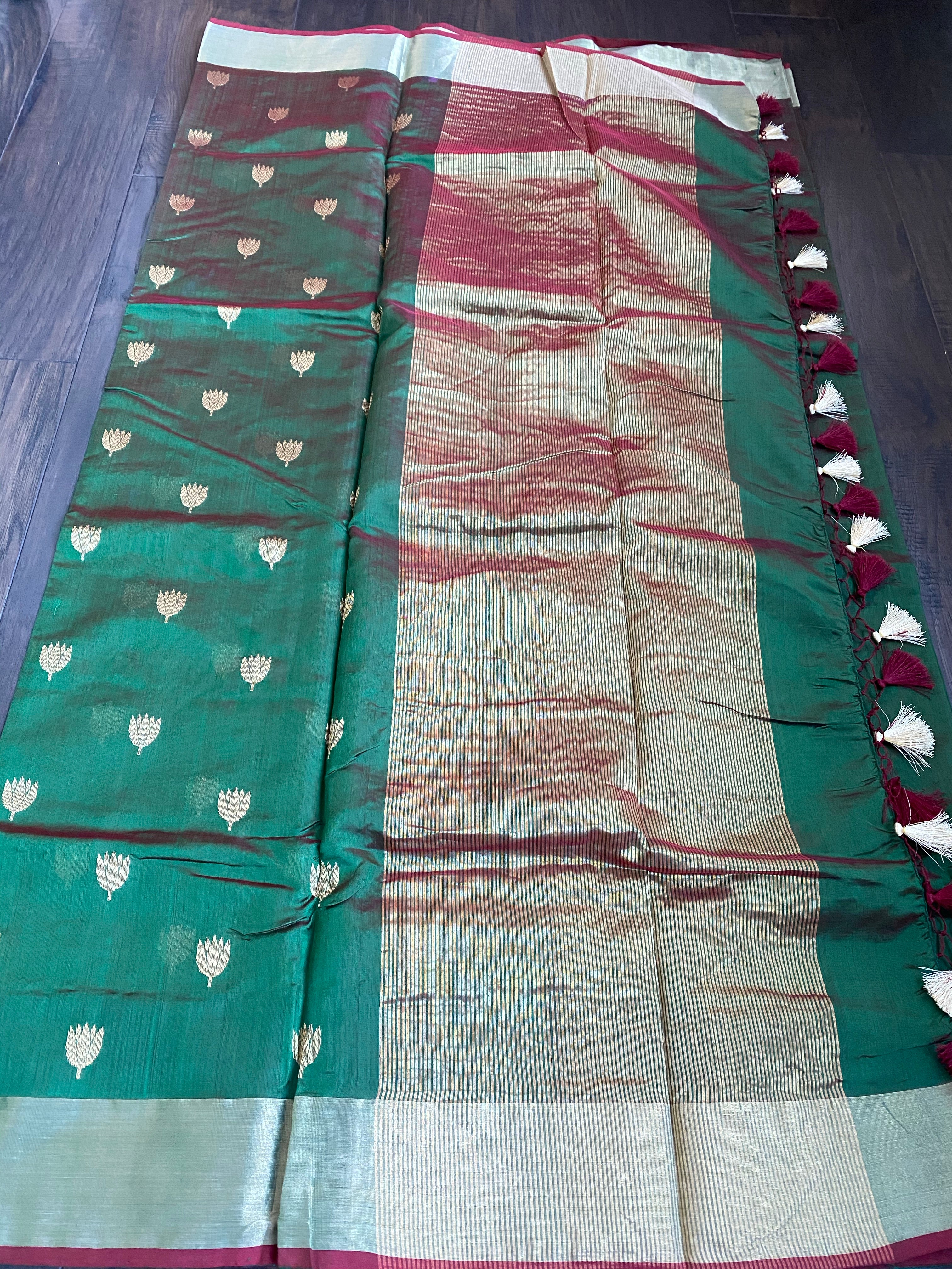 Pure Chanderi Silk - Green Dual Shaded Golden Zari