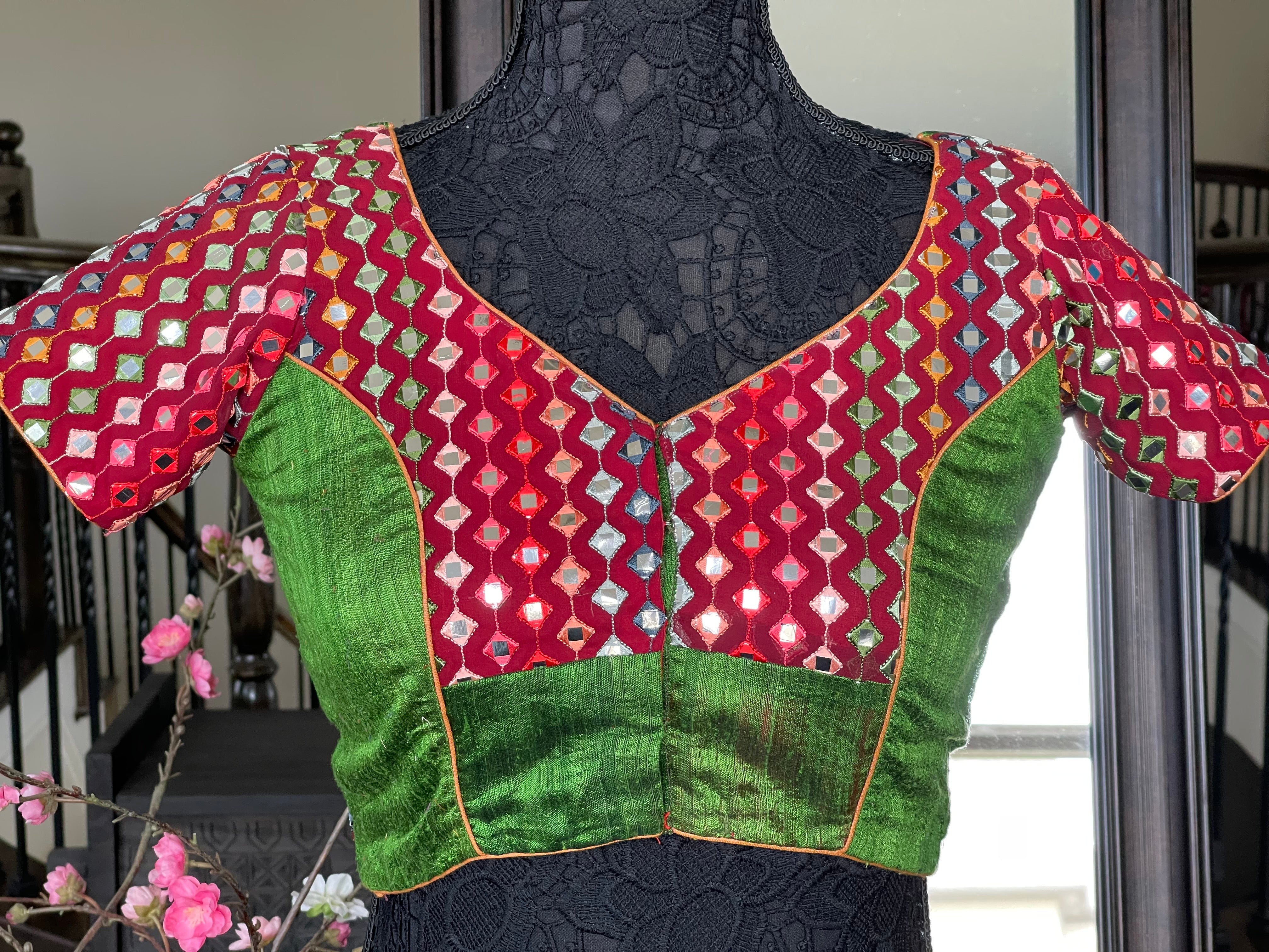 Designer Blouse - Maroon Green Glass mirror work