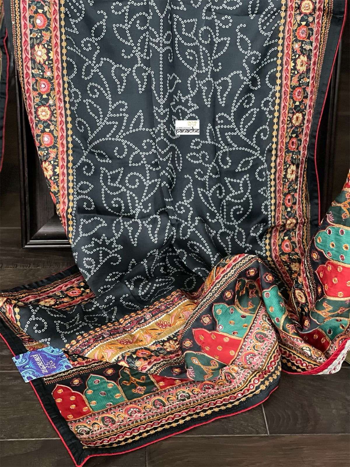 Satin Maslin Designer Inspired Drape - Black Bandhej Printed