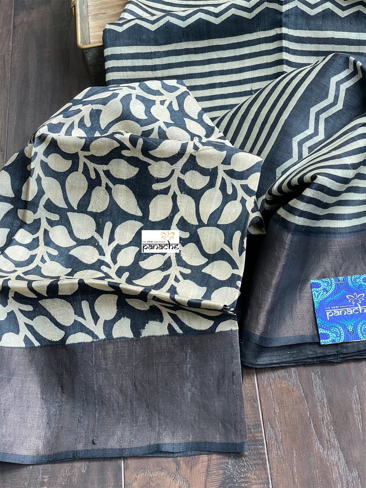 Pure Tussar Silk Printed -  Beige Black