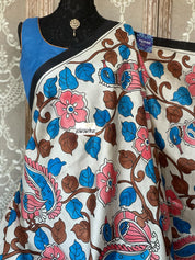 Pure Bishnupur Silk -  Ivory Pink Blue Pen-Kalamkari