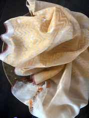 Linen By Kora Silk Banarsi - Off White Yellow Chevron