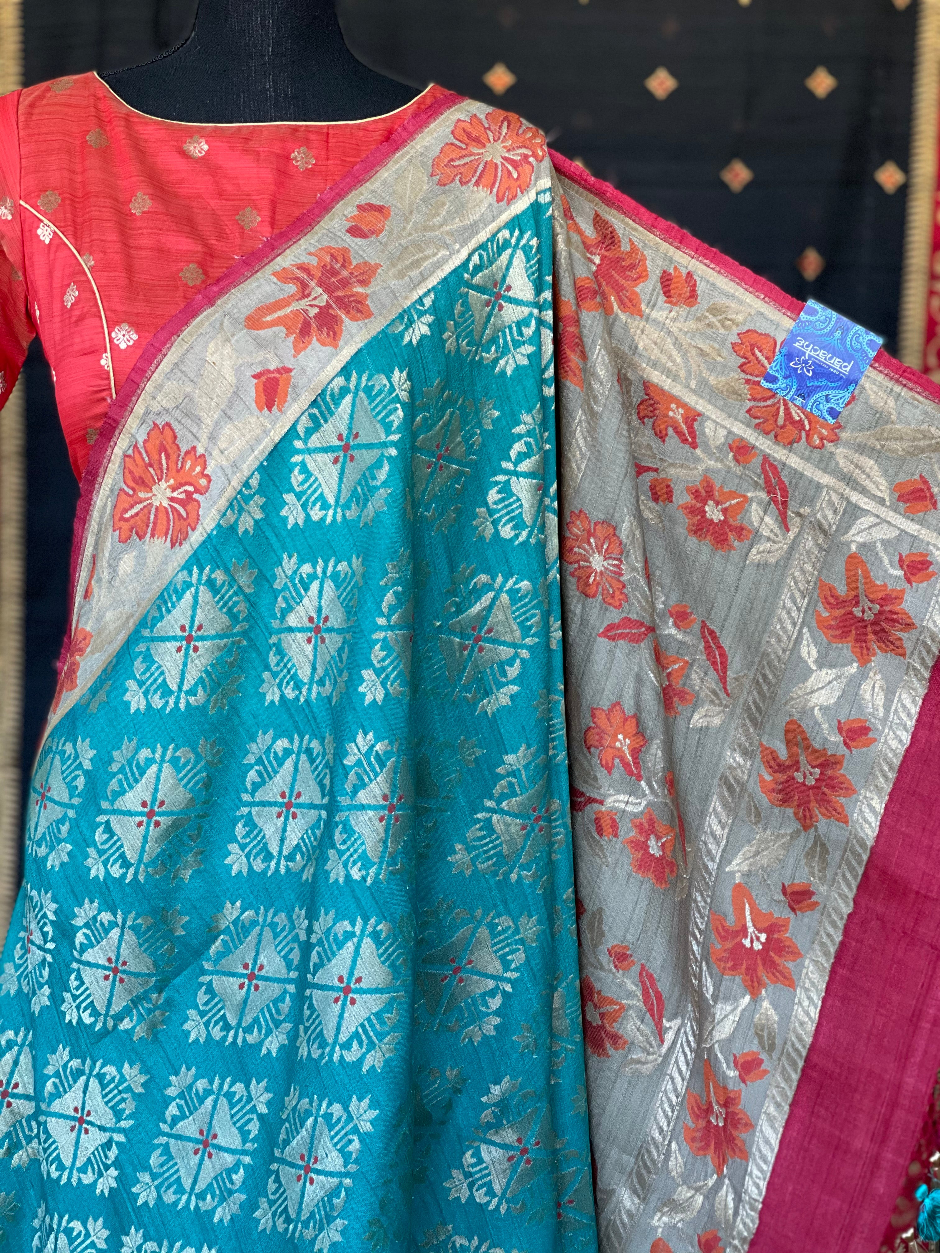 Tussar Georgette Banarasi- Teal Blue Orange Paithani border