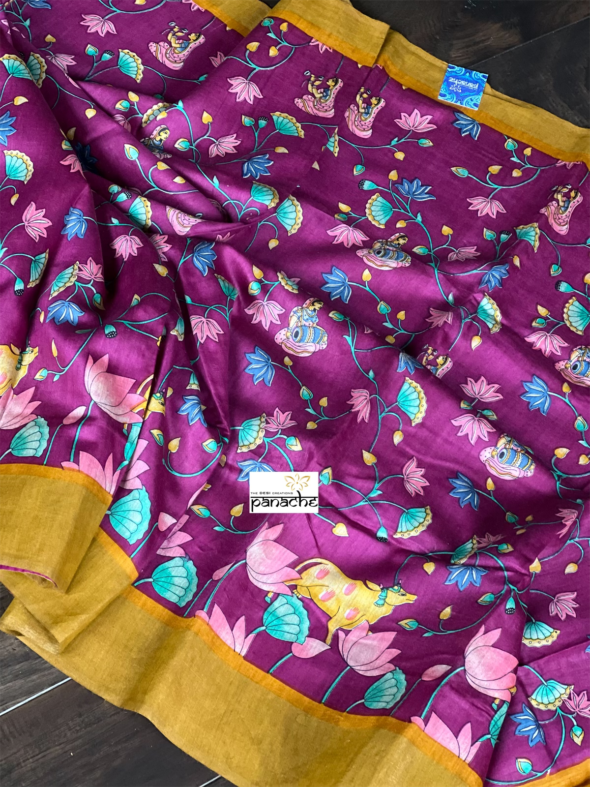 Muga Silk Pichwai Printed - Purple Ochre Yellow