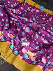 Muga Silk Pichwai Printed - Purple Ochre Yellow