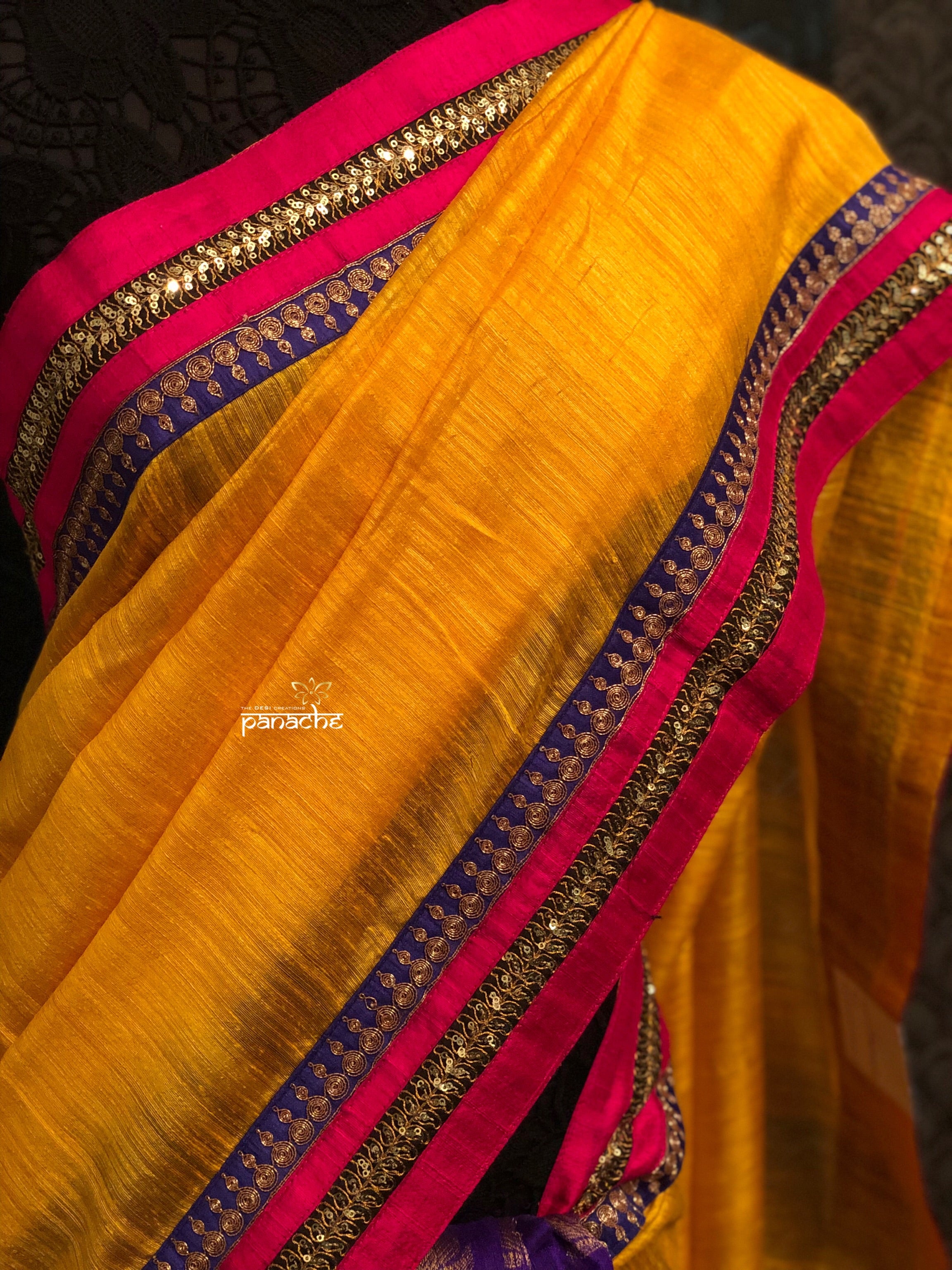 Designer Tussar Silk - Yellow Blue Half Half