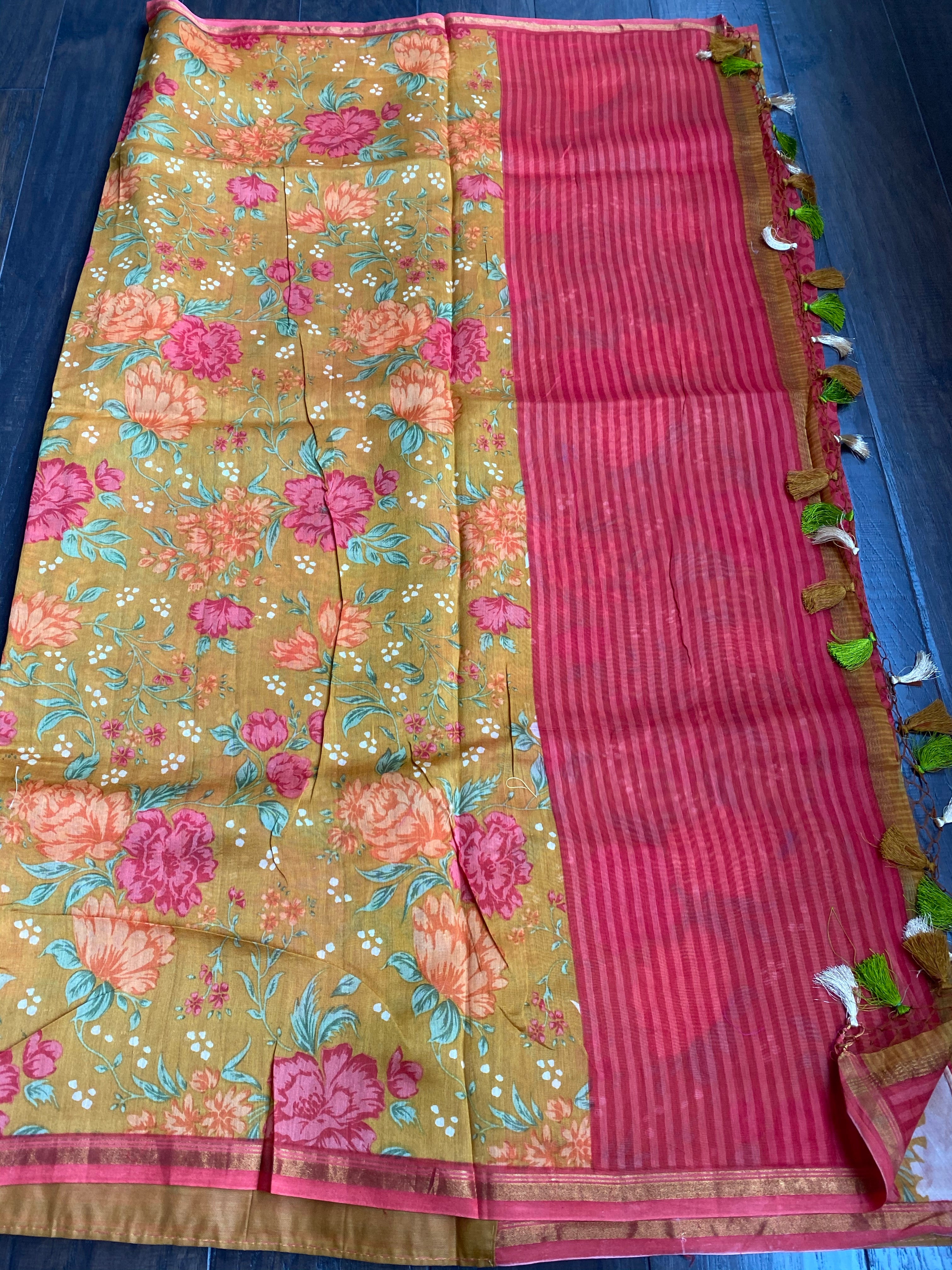 Cotton Mulmul Floral - Golden Ochre Yellow