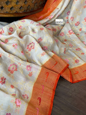 Khaddi Tussar Banarasi - Tilfi woven Beige Orange Multi Meenakari