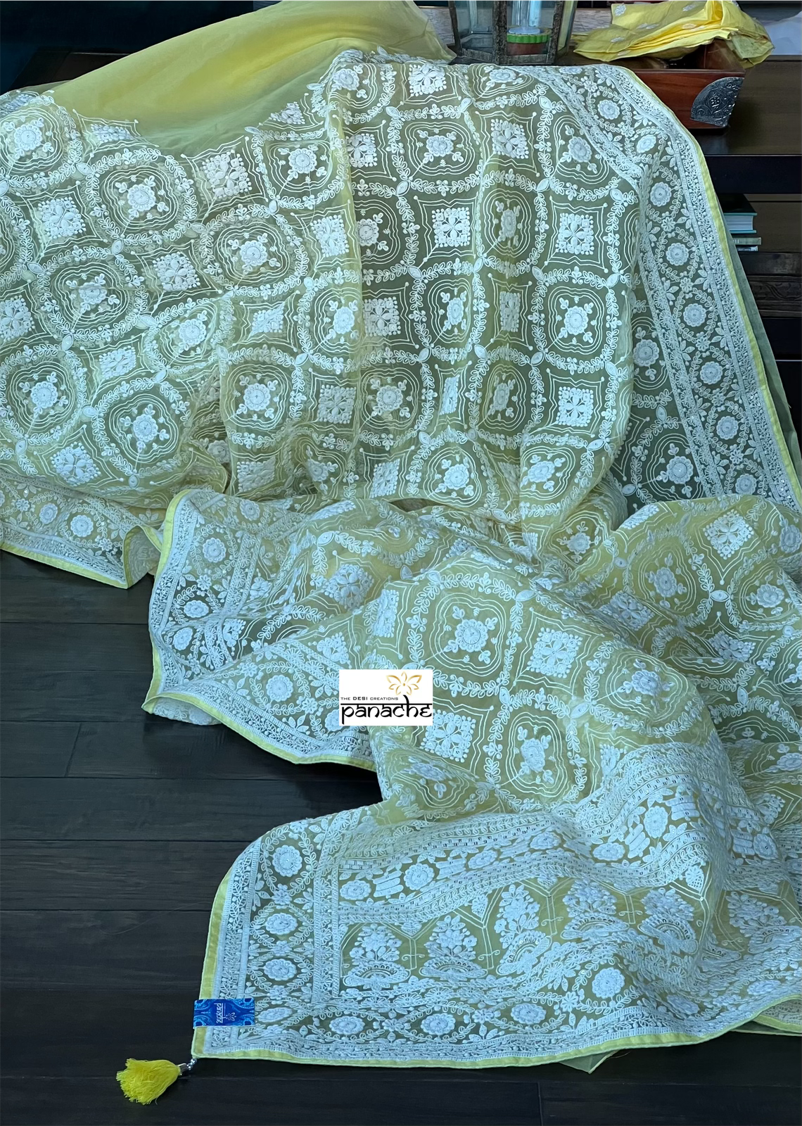 Designer Organza - Lemon Yellow Chikankari