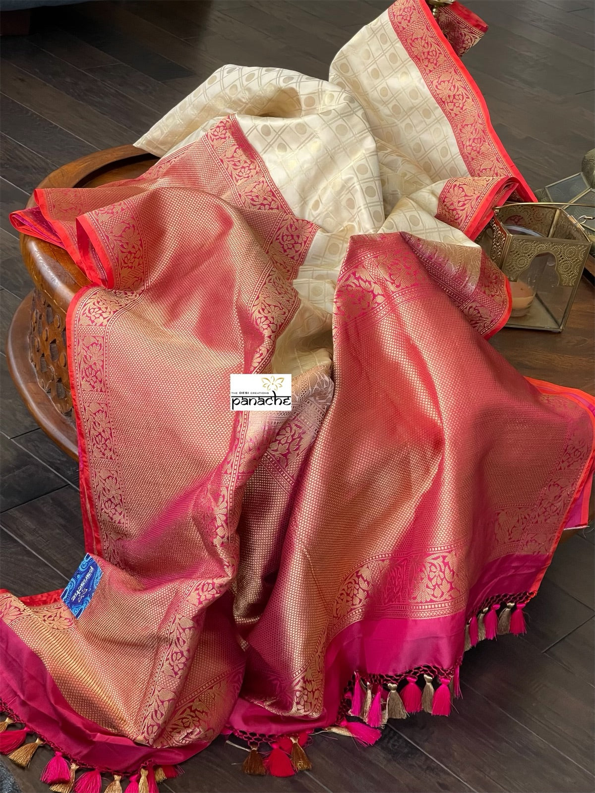 Pure Katan Silk Checkered Banarasi - Golden Beige Magenta Red Kadwa woven