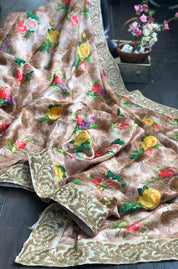 Designer Floral Satin Silk - Peach Brown