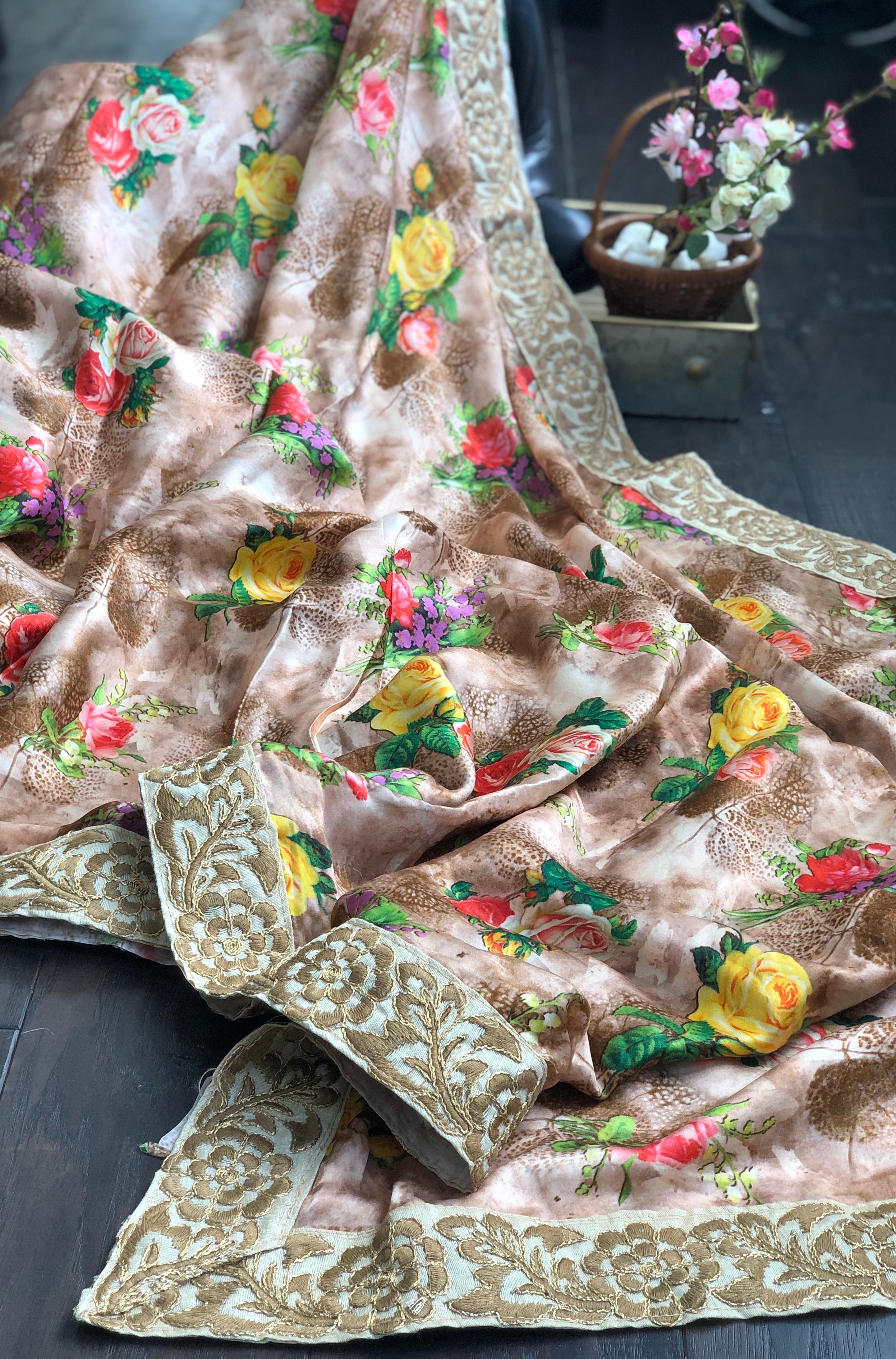 Designer Floral Satin Silk - Peach Brown
