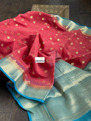 Mulmul Cotton Banarasi - Raspberry Red Firozi Golden Zari