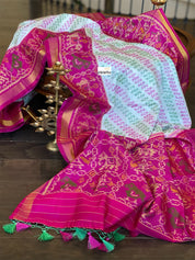 Pure Silk Ikat -  Offwhite Green Magenta