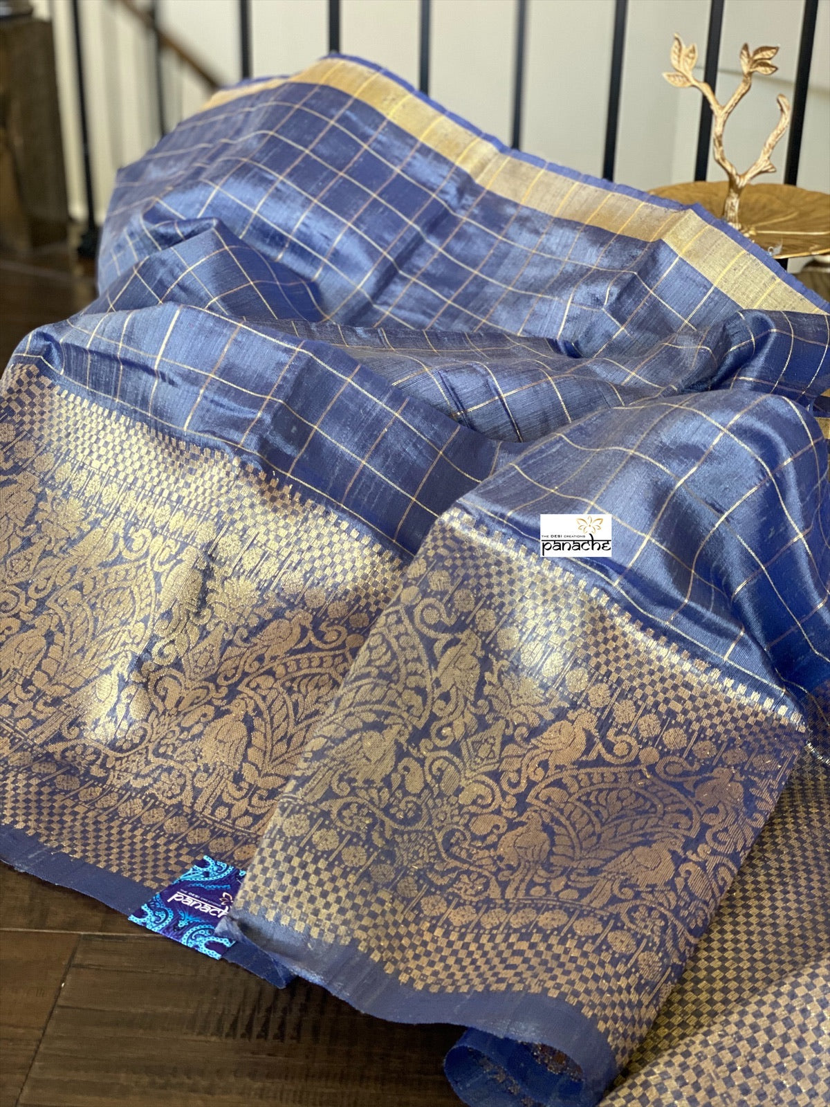 Pure Tussar Dupion Silk -  Metallic Blue Grey Zari Woven