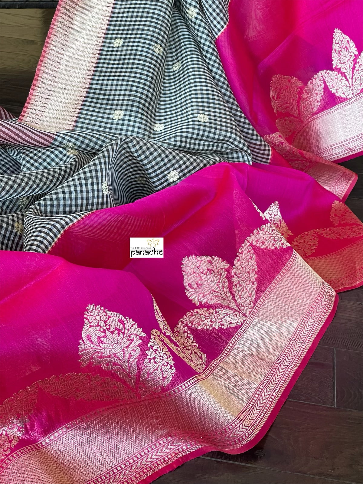 Kora Linen Silk Banarsi - Black White Checks Pink