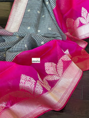 Kora Linen Silk Banarsi - Black White Checks Pink