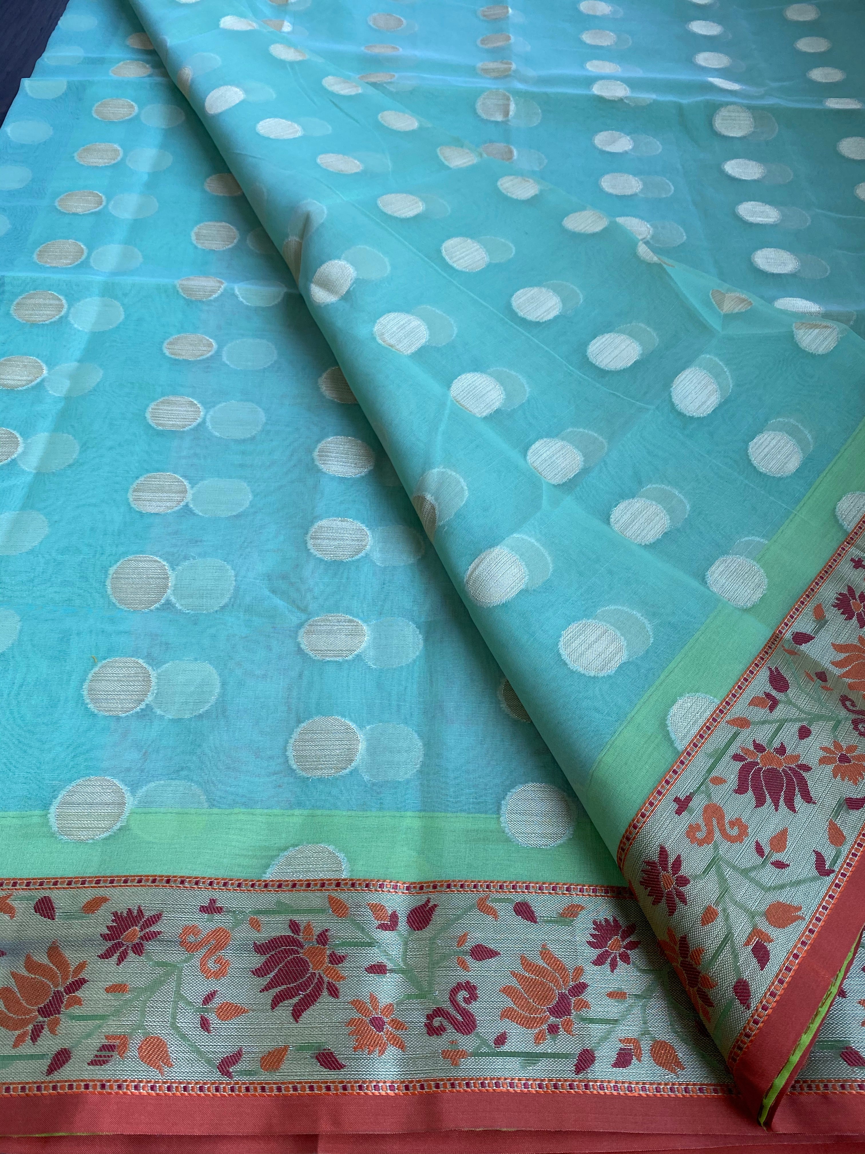 Kora Silk Paithani - Pista Green Orange